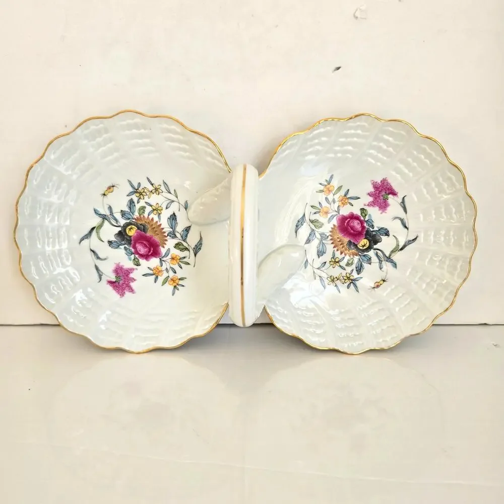 Vintage Haviland Limoge France Pondichery Handled Floral Double Shell Dish 1958